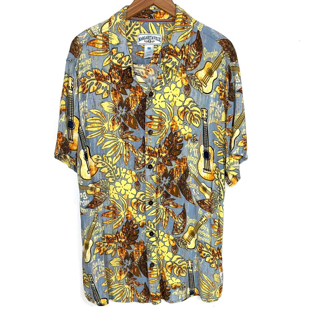 Margaritaville Floral Guitar Hawaiian Short Sleeve Button Down Shirt Size XL